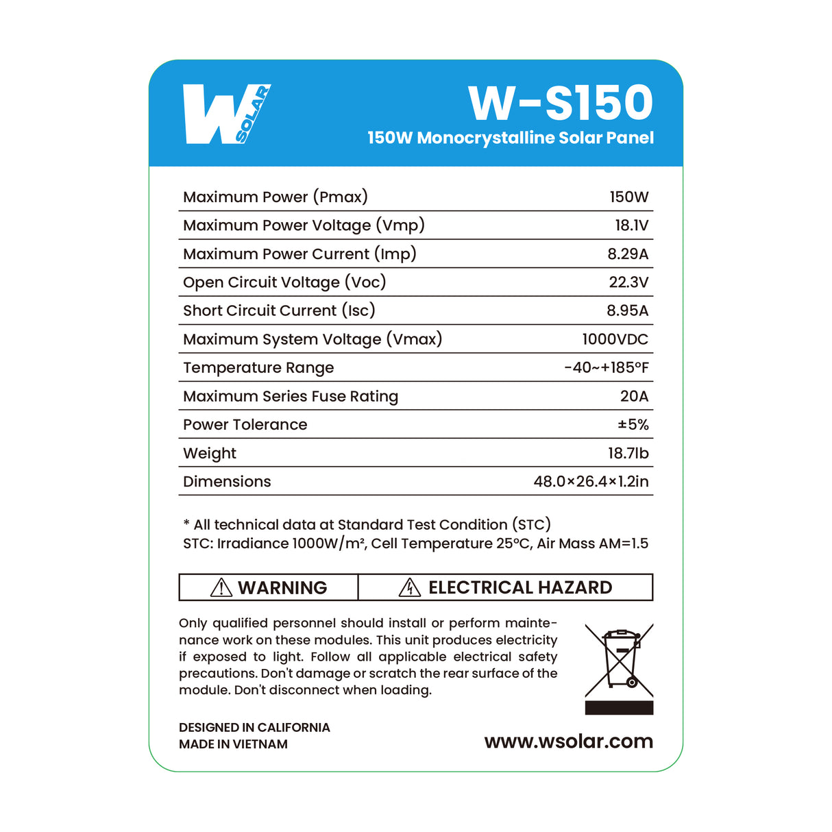 W SOLAR 150 Watt 12 Volt Monocrystalline Solar Panel | 25-Year Warranty